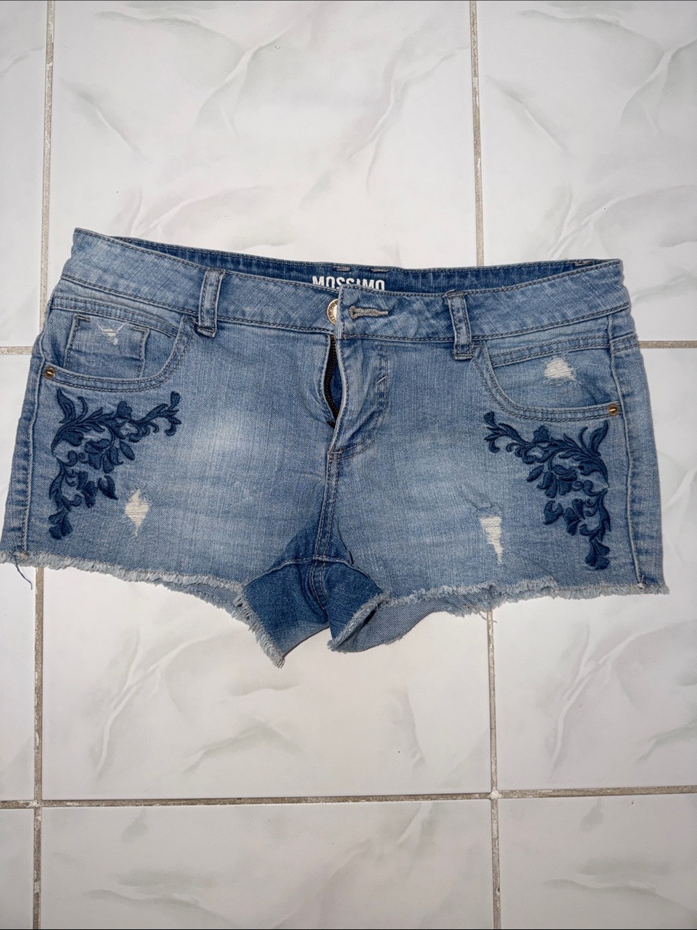 Mossimo Supply Co. Light Blue Denim Shorts with Dark Blue Floral Embroidery